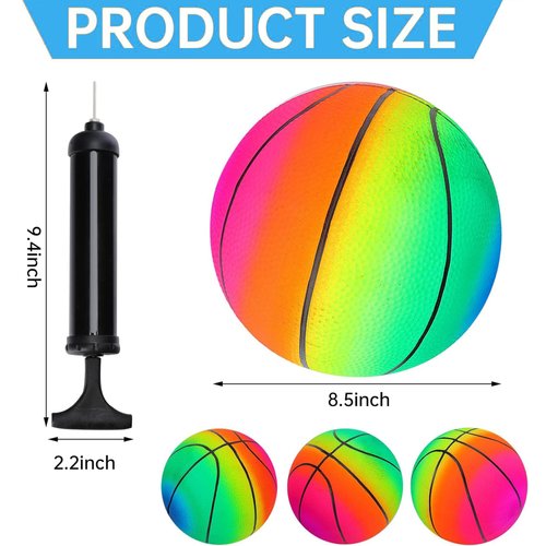 Jeffbaubl 4Pcs Playground Balls,Rainbow Balls Kickballs with 1 Hand Pump,8.5 Inch Inflatable Playground Ball Kick Balls Handball,Colorful Dodgeball for Kids Adults Indoor Outdoor Games (Basketball)