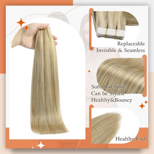 Full Shine Tape in Hair Extensions 20 Inch Tape in Human Hair Remy Hair Tape in Extensions Color 16/22 Golden Blonde Highlighted Light Blonde Hair Extensions 50 Gram 20pcs Seamless Skin Weft Hair