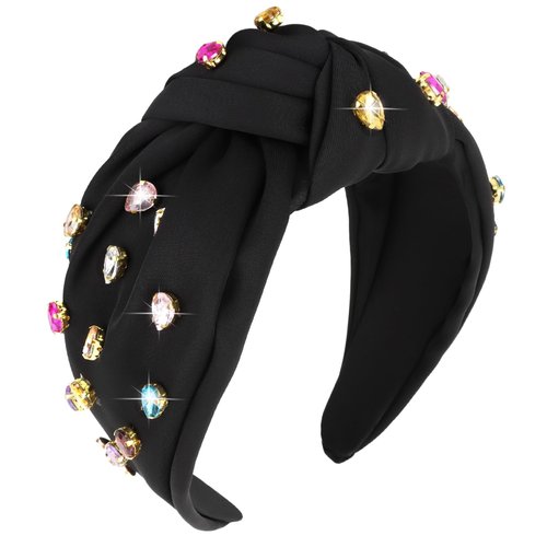 ACO-UINT Black Headband for Women, Non-slip Knotted Headbands Fashion Rhinestone Headbands, Thick Hairbands Wide Headbands Hair Accessories for Women Girls
