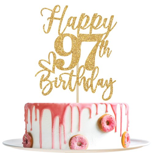 Happy 97th Birthday Cake Topper, 97th Birthday Decorations for Men/Women, Cheers to 97 Years, 97 Fabulous, 97th Happy Birthday Party Supplies Gold Glitter