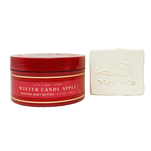 Bath & Body Works Winter Candy Apple Whipped Body Butter with a Natural Oats Sample Soap.