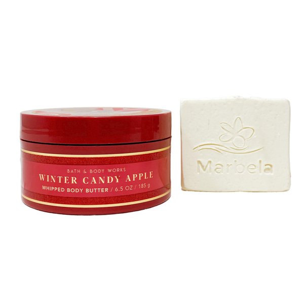 Bath & Body Works Winter Candy Apple Whipped Body Butter with a Natural Oats Sample Soap.