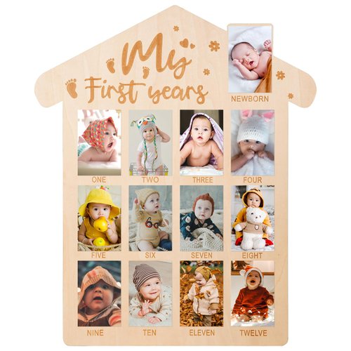 My First Year Picture Frame, Baby First Year Photo Display Wood Board 12 Months Baby Picture Banner Monthly Milestone Keepsake Frame for Newborn Birthday Nursery Decorations (14.17 x 11.81 inch)