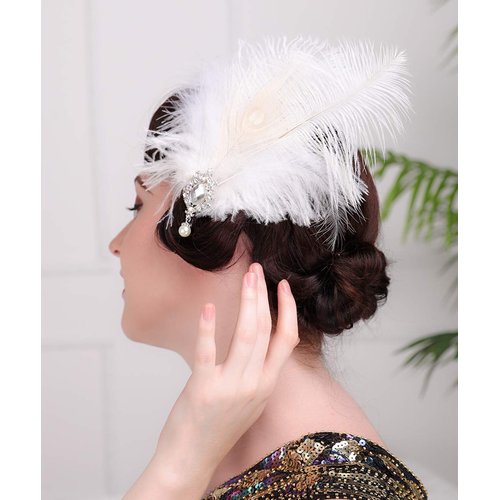 Aimimier 1920s Flapper White Feather Headpiece Crystal Pendant Hair Clip Roaring 20s Feather Accessories Masquerade Hair Jewelry for Women