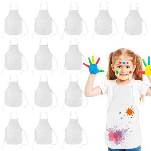 KUUQA 16Pack Kids Art Aprons Bulk White Children Painting Aprons Art Smocks for Craft Kitchen Classroom Painting Party Supplies