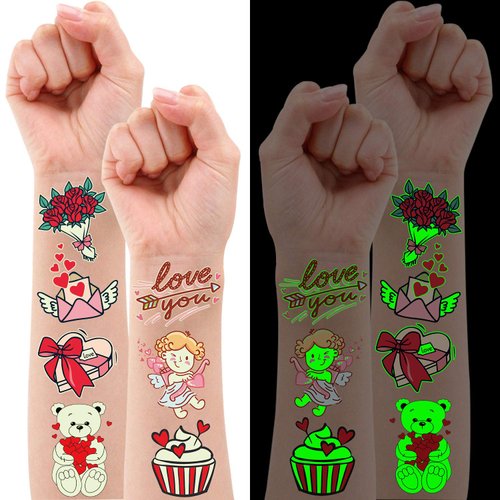 Partywind Luminous Valentines Day Temporary Tattoos for Kids, 38 Styles Glow Valentines Day Decorations Party Favors Supplies Decor, Valentine Heart Stickers for Kids to Exchange (2 Sheets)