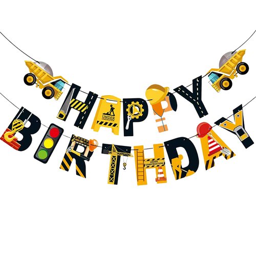 Construction Happy Birthday Banner, Cartoon Cute Construction Dump Truck Garland, Kids Vehicle Car Themed Birthday Decorations, Fun Wall Hanging Letter Bunting Party Supplies for Boys Adults