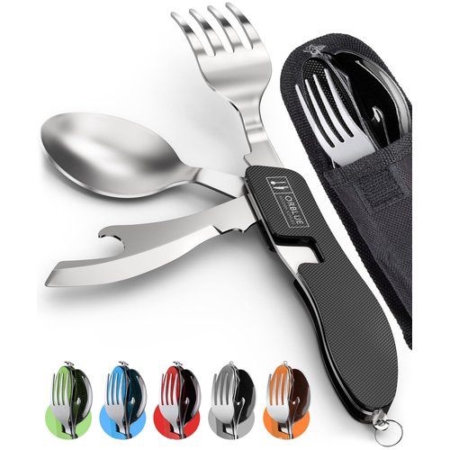 Orblue 4-in-1 Camping Utensils, 2-Pack, Portable Stainless Steel Spoon, Fork, Knife & Bottle Opener Combo Set - Travel, Backpacking Cutlery Multitool, Black
