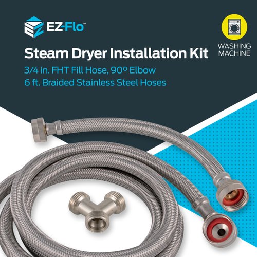 Eastman Steam Dryer Installation Kit, 3/4 Inch FHT Fill Hose, 90 Degree Elbow, 6 ft Braided Stainless Steel Hoses, 41025