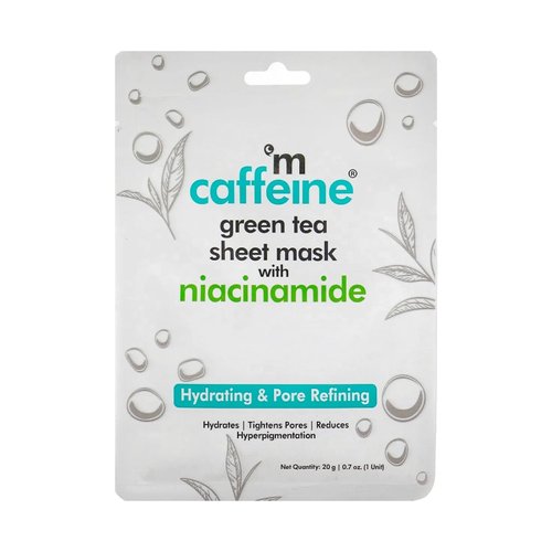 mCaffeine Green Tea Sheet Mask with Niacinamide - Hydrating Face Masks for Pore Tightening - Reduces Hyperpigmentation, Improves Skin Texture - 1 pc