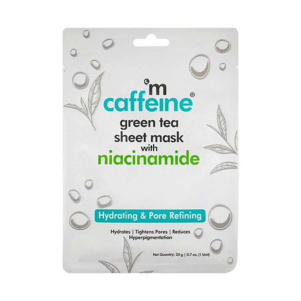 mCaffeine Green Tea Sheet Mask with Niacinamide - Hydrating Face Masks for Pore Tightening - Reduces Hyperpigmentation, Improves Skin Texture - 1 pc