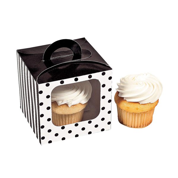 Fun Express - Black Polka Dot Cupcake Box W/handle - Party Supplies - Containers & Boxes - Paper Boxes - 12 Pieces