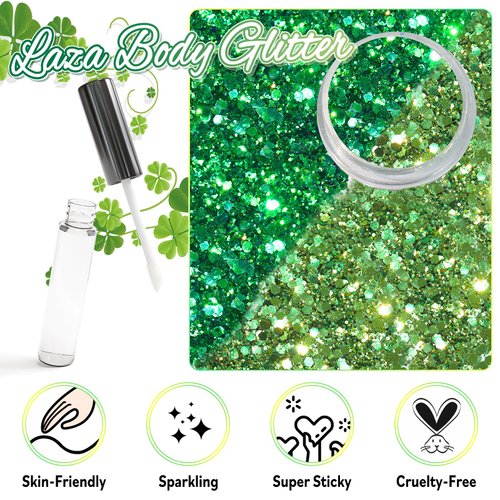 Laza Body Glitter, 2 Jars Iridescent Chunky Sequins with Glitter Glue Perfect for Women Eyeshadow Makeup Face Paint Festival Rave Outfits Hair Accessories Carnival Party Costumes - Gold Blue Green