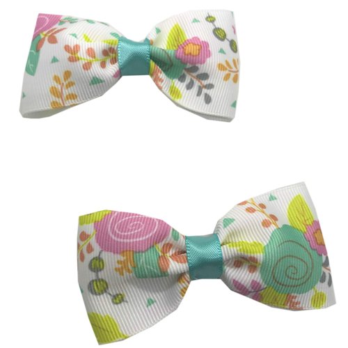 Handmade Pink and Teal Floral Girls Hair Bow Set, Little Girl Bows, Pigtail Hair Bows, Toddler Hair Bows,