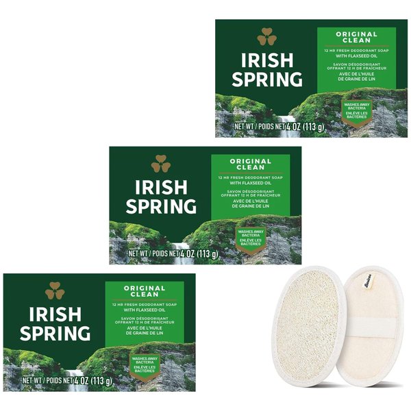 BASICOS Irish Spring Bar Soap for Men, Original Clean, Smell Fresh and Clean for 12 Hours, Women Soap Bars for Washing Hands and Body, Mild for Skin, 3Pack- 4 Ounce each, Plus 1 Loofah Sponge Pad