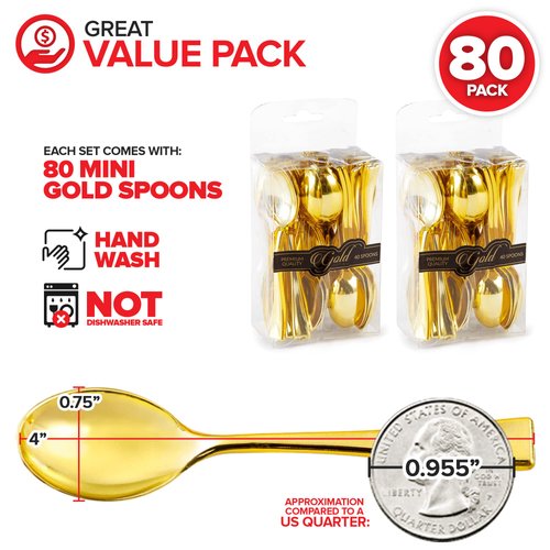 Gold Plastic Mini Spoons Disposable, 4 inch (80 Pack) Tasting Spoon, Dessert Mini spoon for Ice Cream Taster, Small Sample Desserts, Gelato Sampling, Fancy Miniature Pudding, Little Appetizers, Bulk