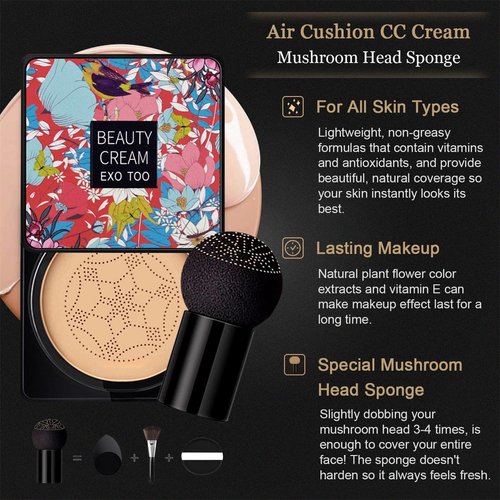 Mushroom Head Air Cushion CC Cream, Beauty Cream EXO TOO Foundation, Full Coverage Base Beauty Cream Makeup with Two Mushroom Head Sponges