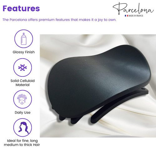 Parcelona French Onde Round Black Matte Finished Celluloid Side Slide in Secure Grip Hair Updo Yoga Hair Claw Clip Clamp Clutcher - 2 3/4 Inch