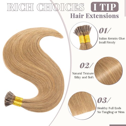 100 Strands/Pack Pre Bonded I Tip Remy Human Hair Extensions Cold Fusion Hair Piece Keratin Stick In Hair Extensions Long Straight For Women 20 Inches #27 Dark Blonde 50g