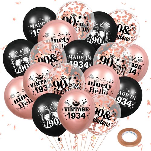 90th Birthday Balloons 18Pcs Rose Gold and Black 1934 Balloons 90th Birthday Party Decorations for Women 12 Inch Confetti Latex Vintage Sweet 90th Balloons for 90th Birthday Anniversary Party Supplies