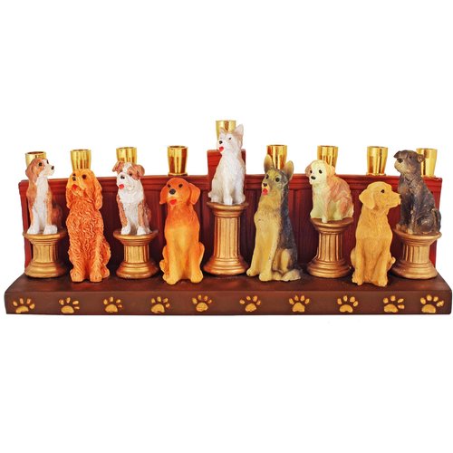 Aviv Judaica Hanukka Dogs and Puppies Themed Menorah Improved Quality Earthenware Candle Holder Menorah for Kids Adults Functional Collectible 3D Sculptured Dogs fits Standard Chanukah Candles Menorah