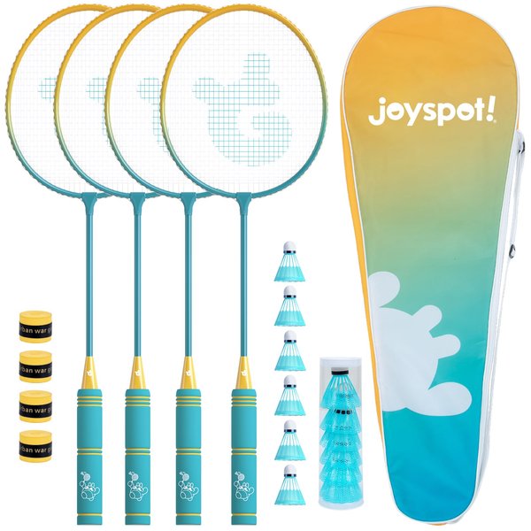 Badminton Rackets Set of 4 for Outdoor Backyard Games,Including 4 Rackets, 6 Nylon Shuttlecocks, 4 Replacement Grip Tapes and 1 Carrying Bag, Lightweight Badminton Racquets for Kids Adults Beginners