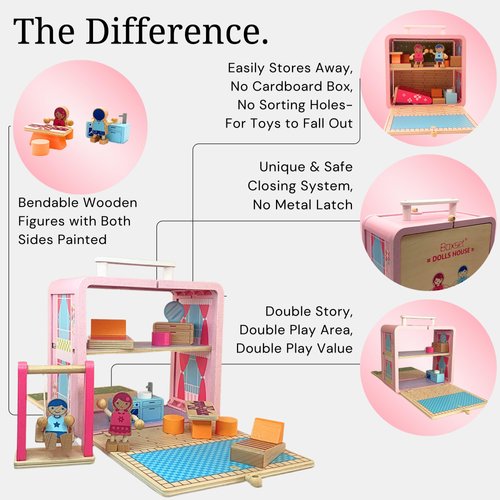 BR Play Wooden Dollhouse - Portable and Foldable Doll House with Little People Figurines & Dollhouse Accessories - Classic Preschool & Toddler Toy with Dollhouse Furniture & Pretend Swing Playset.