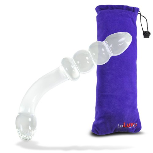 LeLuv Dildo 7.5 inch Bent Clear Glass Wand G-Spot Beads Bundle with Premium Padded Pouch
