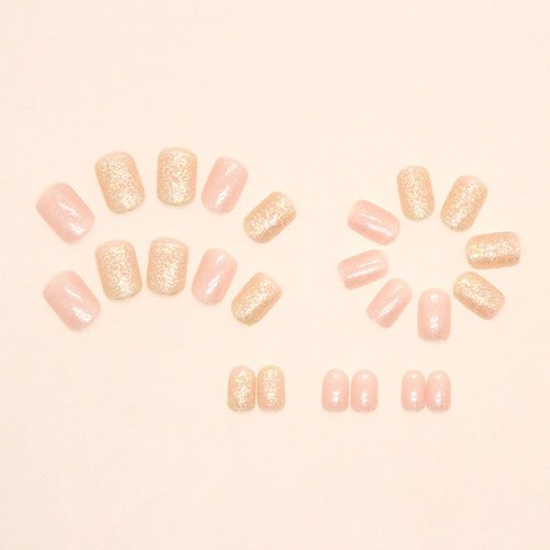 Short Press on Nails Nude Pink Fake Nails Gold Glitter False Nails with Designs Full Cover Artificial Nails Square Shape Acrylic Nails Glossy Stick on Nails Cute Glue on Nails for Women Girls Manicure