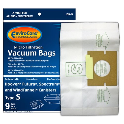EnviroCare Replacement Micro Filtration Vacuum Cleaner Dust Bags made to fit Hoover Style "S" Futura, Spectrum, Power Max Vacuum Cleaners 9 pack