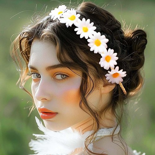 GRAEEN Flower Headband Sunflower Hair Wreath Festival Hair Band Yellow Hair Headpiece for Women (White)