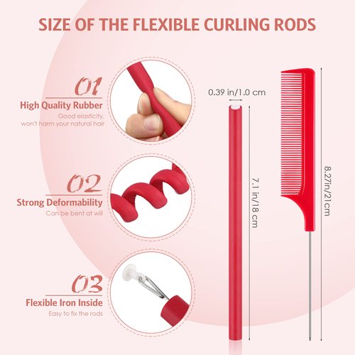 60 Pieces Flexi Rods Flexible Curling Rods Hair Curlers Rollers Twist Flexi Rods Hair Curlers Set No Heat Hair Rods Rollers Flexible Rods for Long Short Hair Women Girls (Red, 0.4 x 7 Inch)