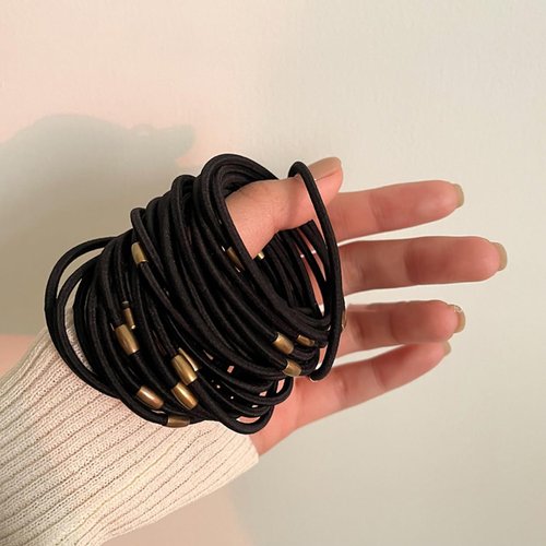 Generic 10 PCS Elastic Hair Ties for Thick Curly Thin Or Any Hair Ponytail Holders Hair Band for Women Girls or Men - 3MM Black With Fancy Gold Bead