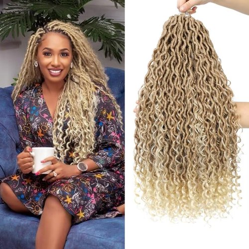 8 Packs River Locs Crochet Hair 18inch New Goddess Locs Crochet Hair Omber Blonde Curly Faux Locs Wavy Crochet Hair with Curly Ends Synthetic Hair Extensions (18" 8Packs 27/613#)