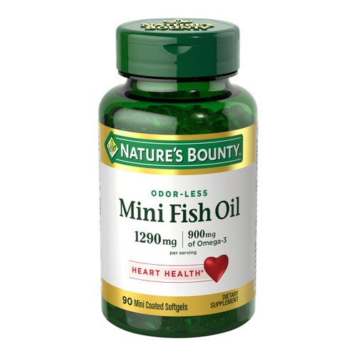 Nature&#39;s Bounty Mini Fish Oil Softgels 1290 mg, Omega-3, Supports Heart Health, Odor-Less, 90 Min...