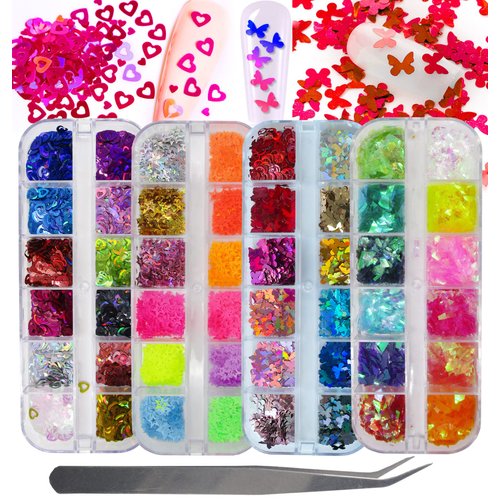 LoveOurHome Nail Glitters Sequins Set Mixed Shaped Holographic Heart Butterfly Neon Star Chunky Glitter Flakes Accessories Manicure Sticker Decorations for Makeup Crafts Resin Nails