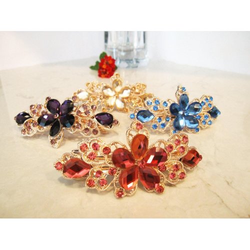 Flower shaped crystal hair barrette clip bridal clip bridal barrette Set: A (Primary color: Gold)