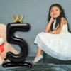 Eoopoon 42 Inch Crown Black Number Balloon, Number 0 Balloon with Base for Girls 0th Birthday Party Decoration, Anniversary Decor Theme Party Supplies (Black 6)