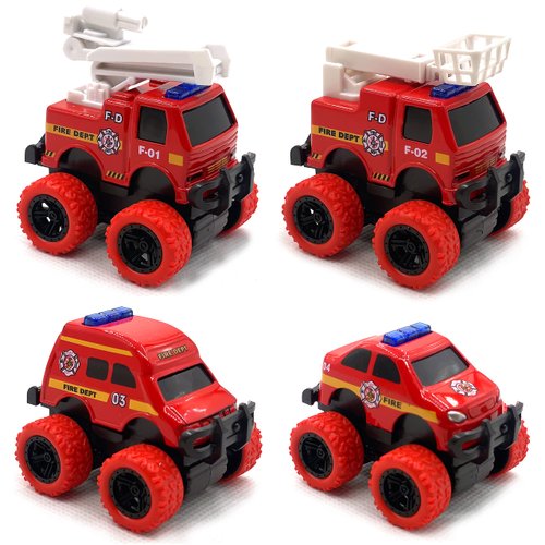 Pull Back Die-cast Alloy Fire Truck Vehicles Play Set,Monster Truck Model Cars,Friction Powered Toy Cars,4 Pack,Toys for 3 4 5 + Years Old Kids,Christmas/Birthday Gifts for Boys & Girls,Party Favors