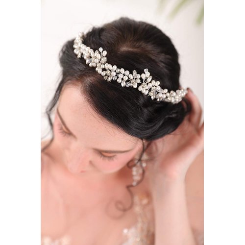 Fxmimior Bridal Silver Hair Accessories Pearl Headband Rhinestone Crystal Headpiece Flower Pearl Crystal Stud Earrings Sets Silver Wedding Jewelry Sets(Headband and Earrings)