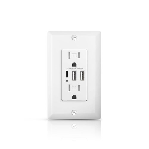 ALASTECH USB Outlet with 3 USB Ports, 30W 6Amp USB C Wall Outlets Receptacles, 15A Tamper Resistant Receptacle with 2 USB Type A & 1 Type C Port, UL & FCC Listed, White