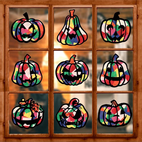 JarThenaAMCS 9Pcs Halloween Pumpkin Suncatcher Craft Kits for Kids Jack-O-Lantern Suncatcher Set Colorful Tissue Paper for Halloween DIY Crafts Window Art Decorations