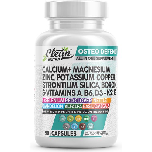 Calcium Magnesium Zinc Supplement with Potassium, Copper, Strontium, Silica, Vitamin D3 K2, Boron, Vitamin B1 B12 Red Clover Herb Alfalfa Basil Pills for Men and Women Clean Nutra Osteo Defend