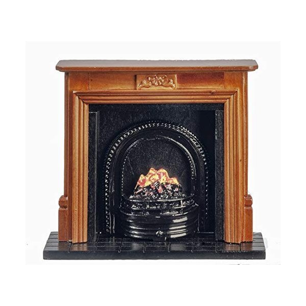 Melody Jane Dollhouse Walnut Fireplace with Fire in Black Grate Miniature Furniture 1:12