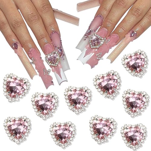 YAEISM 12mm Heart Nail Art Charms 10pcs 3D Crystal Rhinestones Nail Charms Pink Shiny Flatback Diamond Nail Gems Button Embellishment for DIY Clothing Crafting Jewelry Making