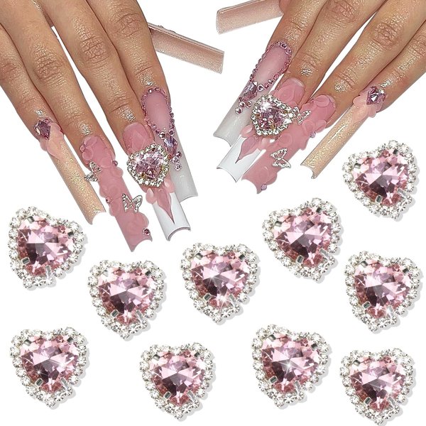 YAEISM 12mm Heart Nail Art Charms 10pcs 3D Crystal Rhinestones Nail Charms Pink Shiny Flatback Diamond Nail Gems Button Embellishment for DIY Clothing Crafting Jewelry Making