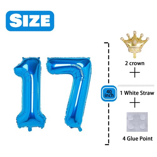17 Number Balloon Blue 40 inch Big Foil Crown Helium 17th Balloons for 17 Year Old Boy Girl Birthday Party Decorations Wedding Anniversary Events Supplies