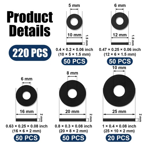 220 Pcs Flat Rubber Washers Assortment Kit,Black Rubber Flat Washer Rubber Washers for Bolts Spacers,5 Sizes Rubber Bushing Gasket kit
