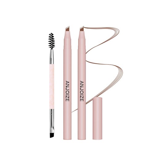 Anjoize Eyebrow Pen 2PCS Microblading Eyebrow Pencil,4 Tip Eye Brow Pen and Dual-Ended Eyebrow Brush,Waterproof,Long Lasting,Brow Pencil with Hair like Strokes(Dark Brown)