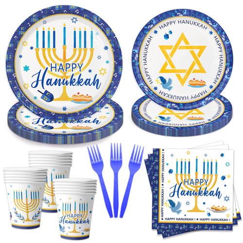 Oigco Hanukkah Party Supplies Hanukkah Dinnerware Party Includes Plates Cups Napkins Forks for Hanukkah Party Decorations, Serves 24 Guests